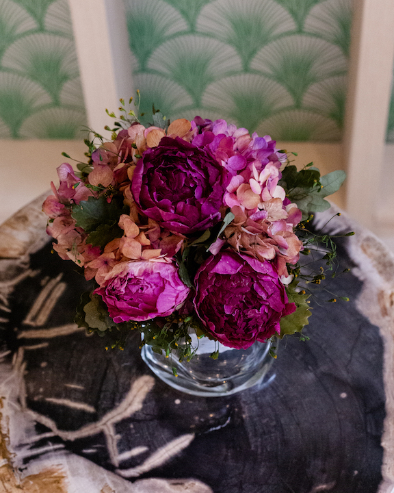 Purple Scabiosa Artificial Faux Floral Centerpiece In Gold Vase – Flovery