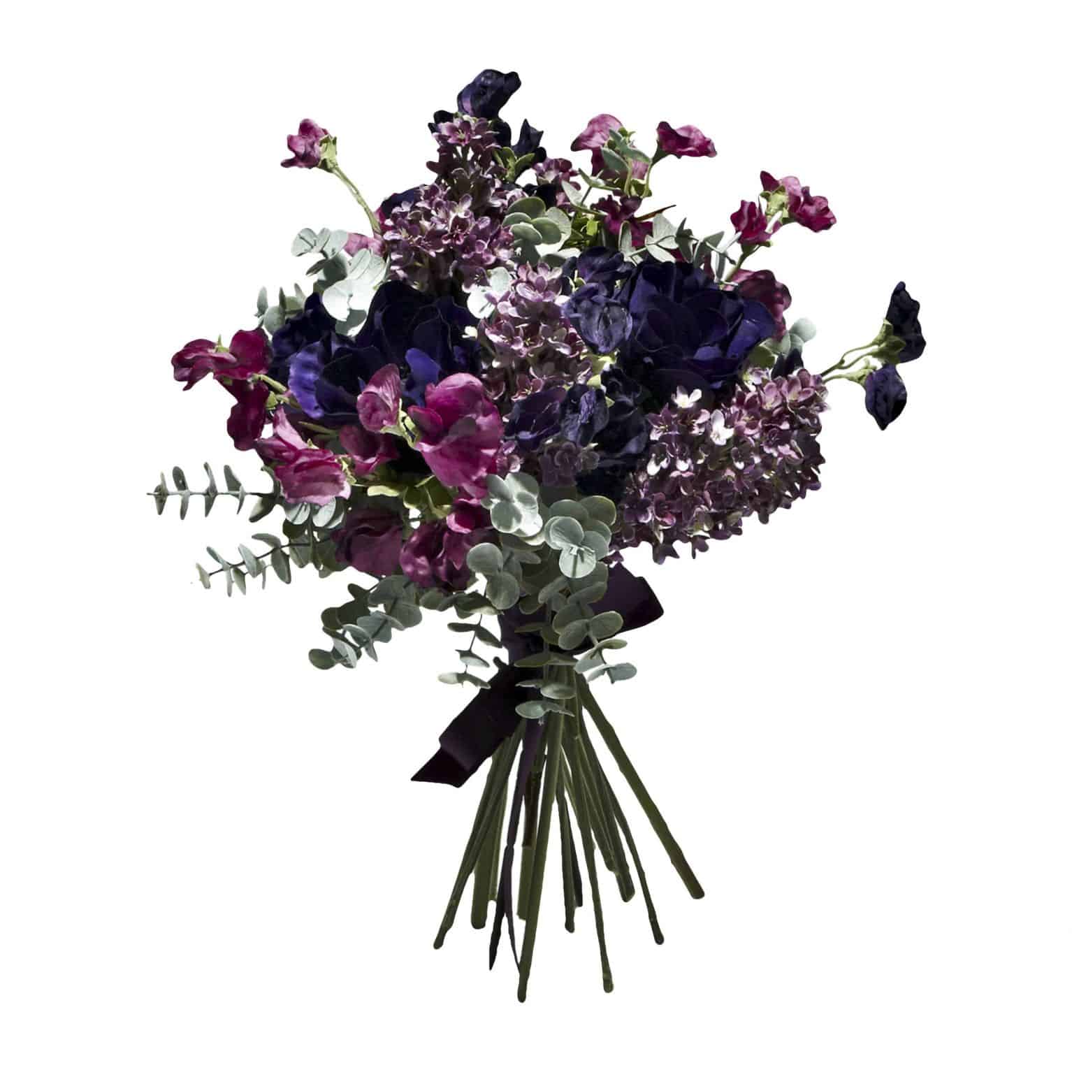 Buy & enjoy our beautiful handtied spring silk flower bouquet of artificial sweet pea in lilac lavender & purple with anemone artificial flower & eucalyptus.