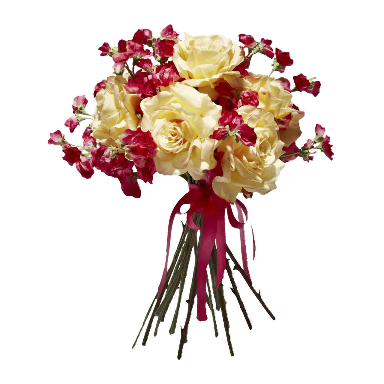 Adore our lovely summer floral bouquet with faux pink fuchsia sweet pea flowers & perfect imitation English garden yellow silk rose flowers for a warm aura.