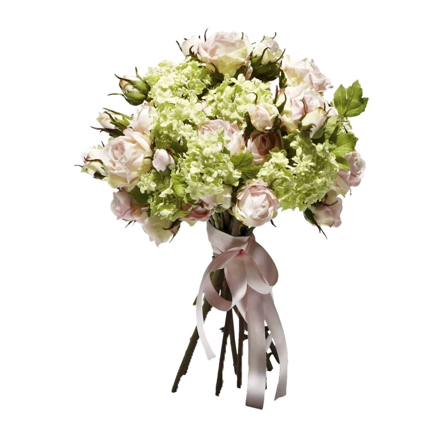 Shop & enjoy the pleasure of this refreshing silk flower bouquet. Handtied blooming silk flower stems of fine pink roses and green guelder faux flowers.