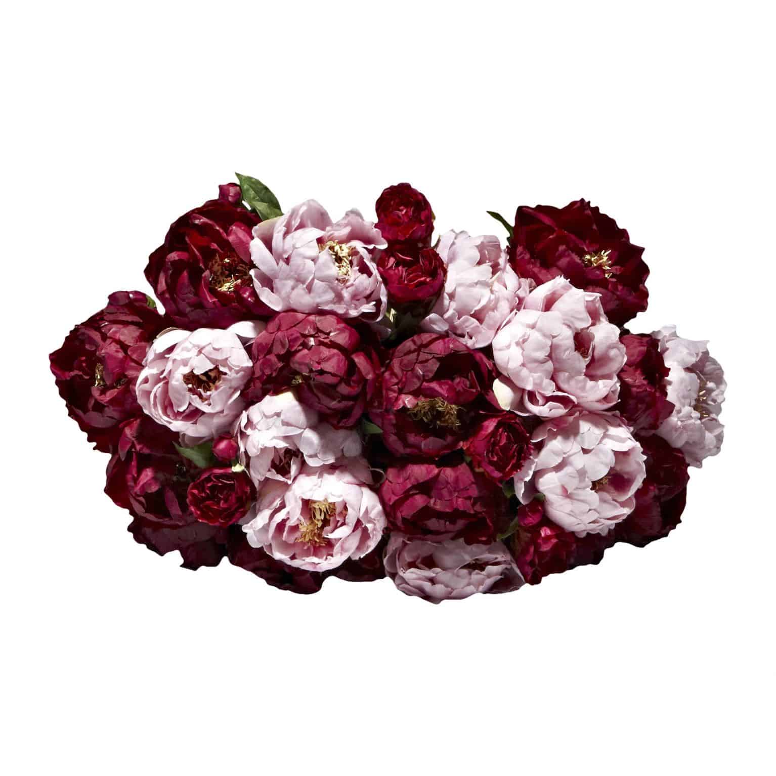 Love our luxurious artificial flower bouquet full of finely detailed large heads on long stem lavender pink and rich silk flower burgundy peonies and buds.