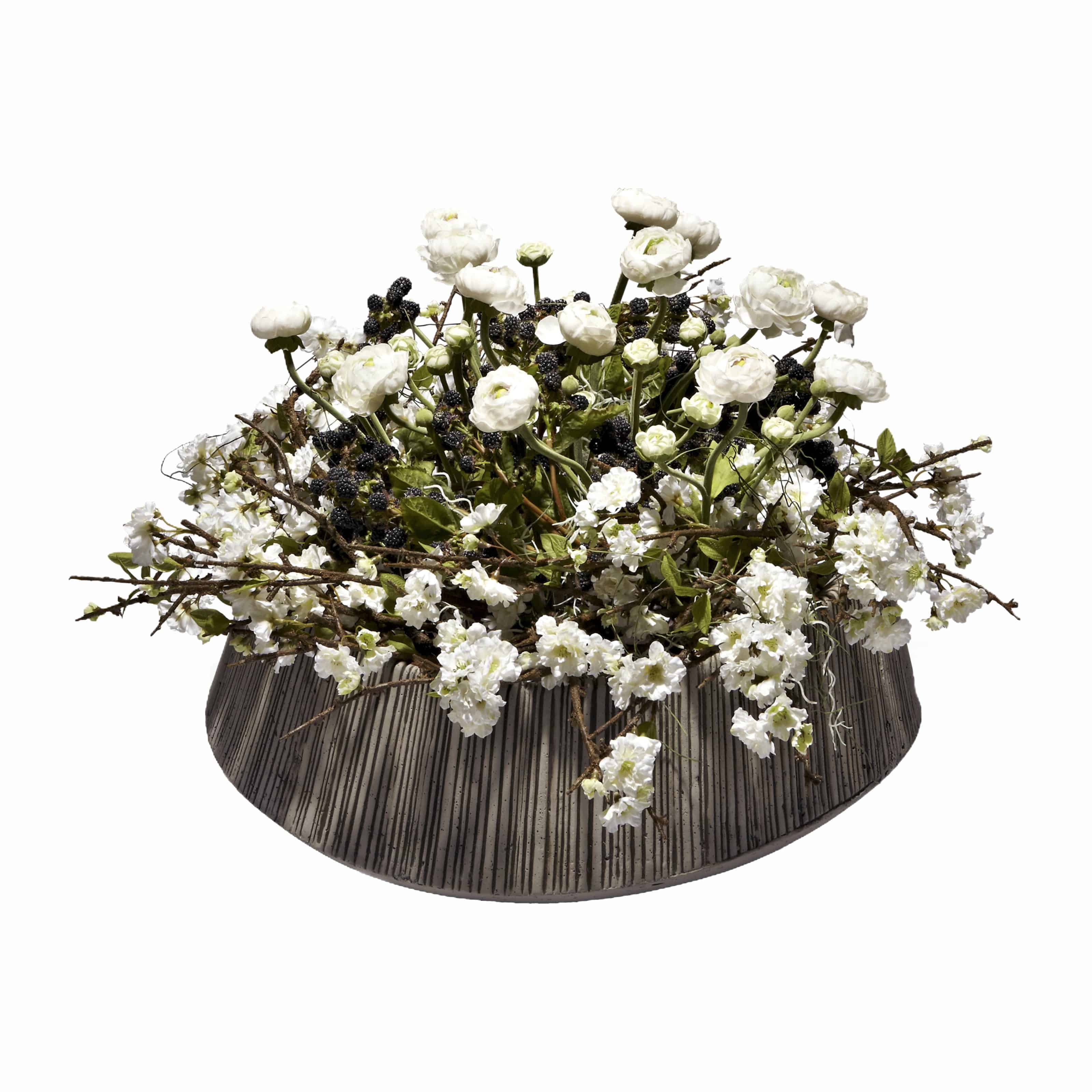 Shop for our countryside arrangement with delicate white silk blossom flowers and flawless ranunculus artificial flowers with blackberries