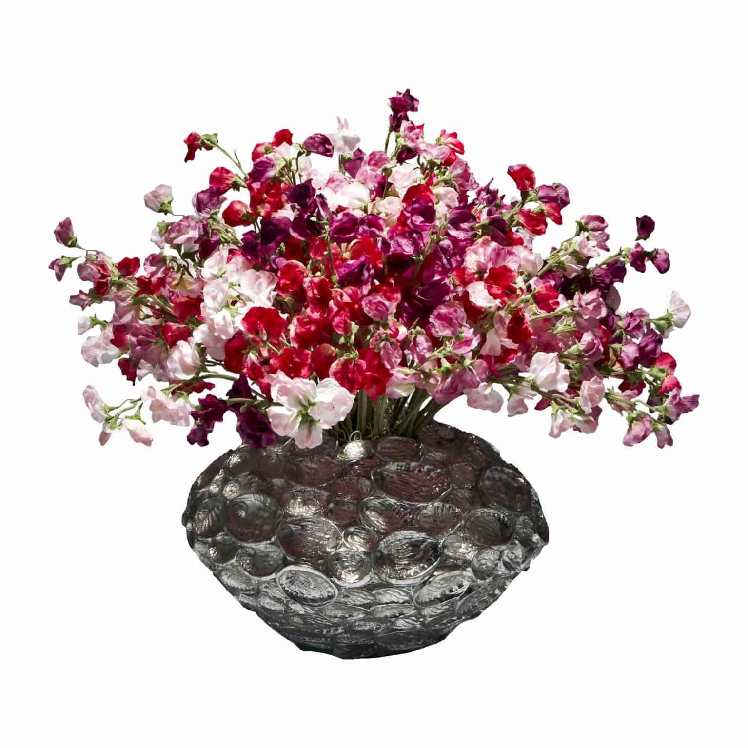 Buy our vibrant array of premium galaxy sweet pea silk flowers arranged to create a striking feature. Purple
