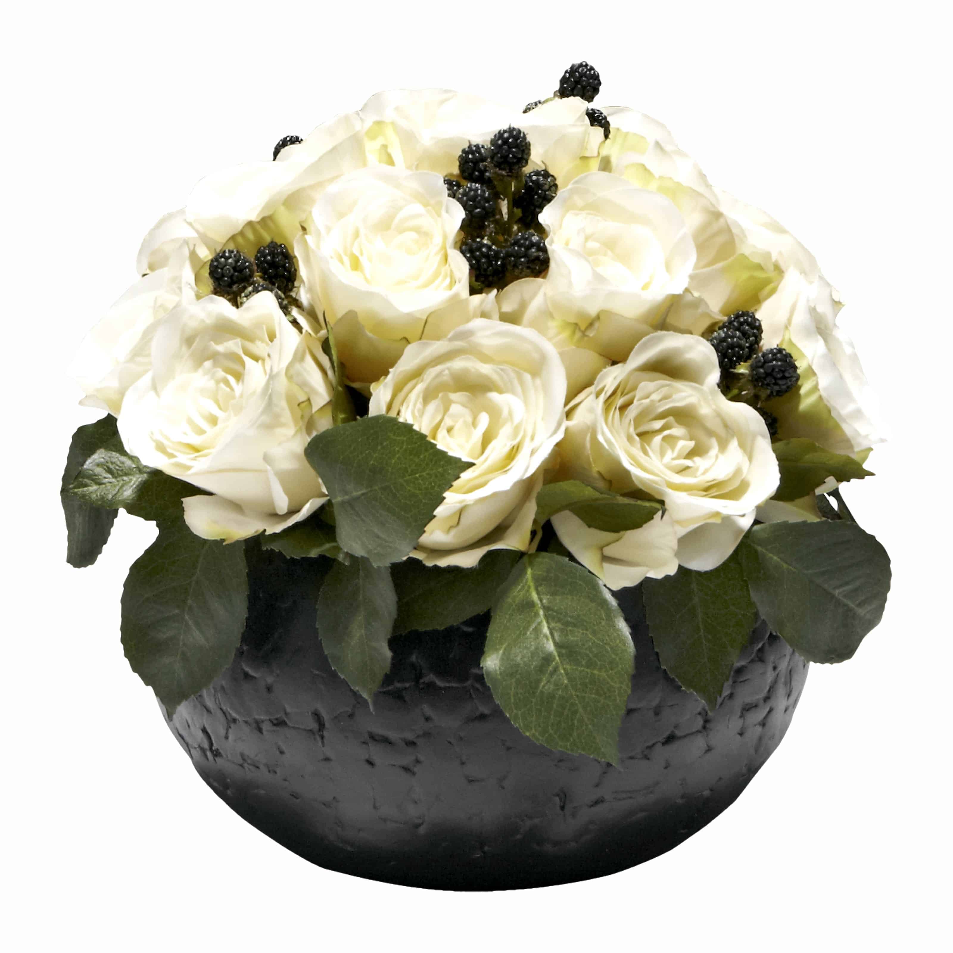 Cream Rose & Blackberry Artificial Black Round Pot SFLA00013