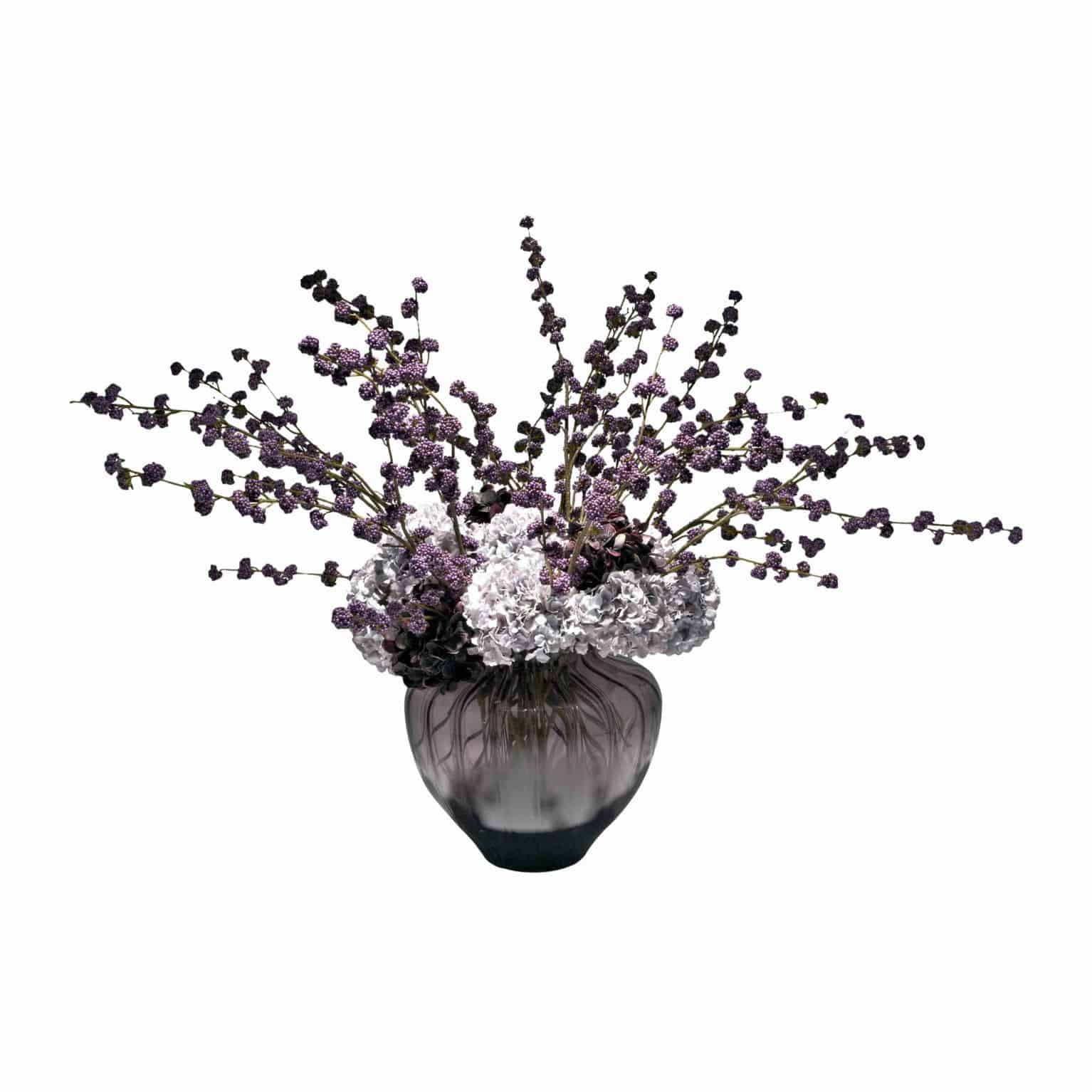 Buy a spacious silk flower arrangement of purple faux callicarpa berries and plush faux flower hydrangea in burgundy and blue.