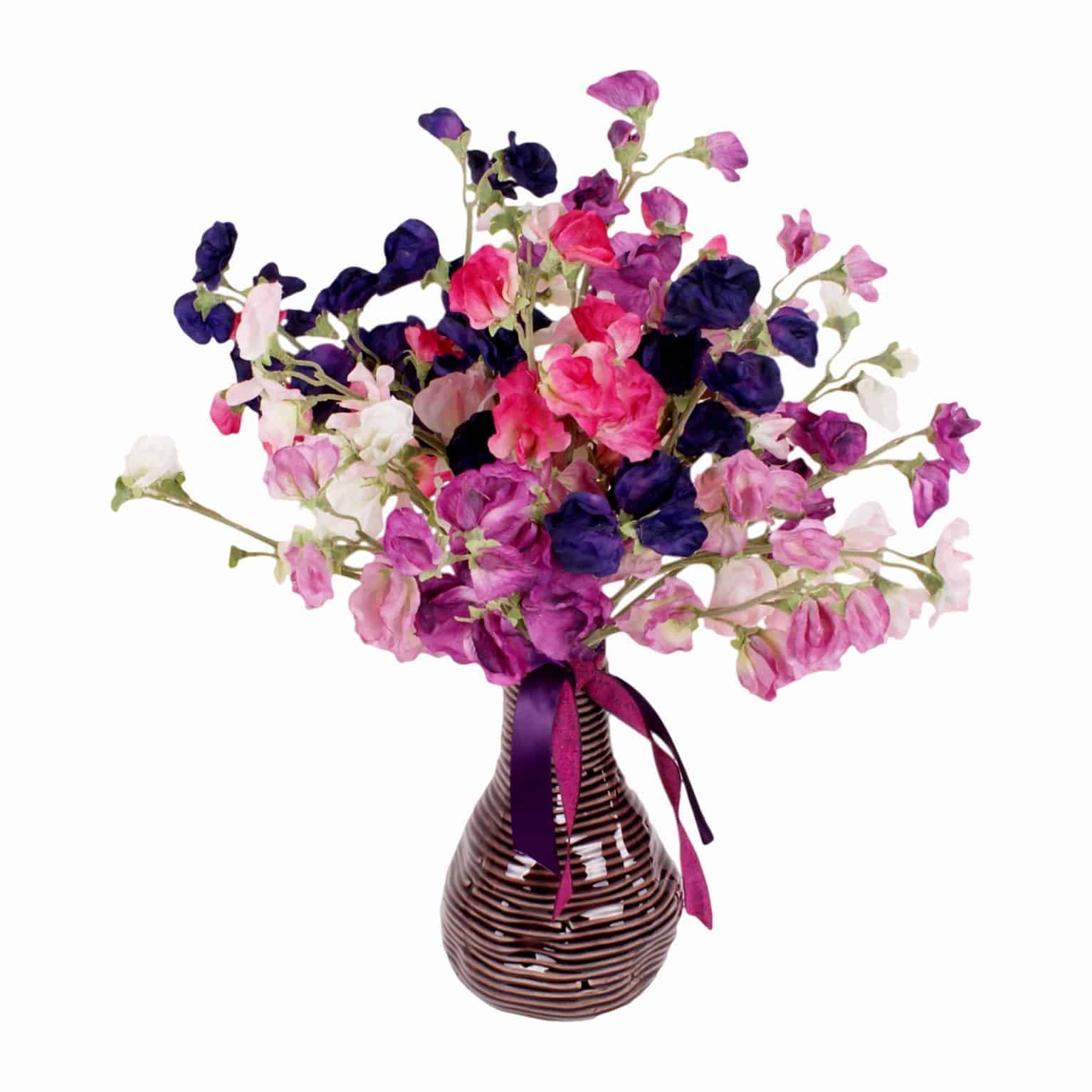 Buy our arrangement of premium pretty silk flower sweet peas. Six gorgeous colours including cream