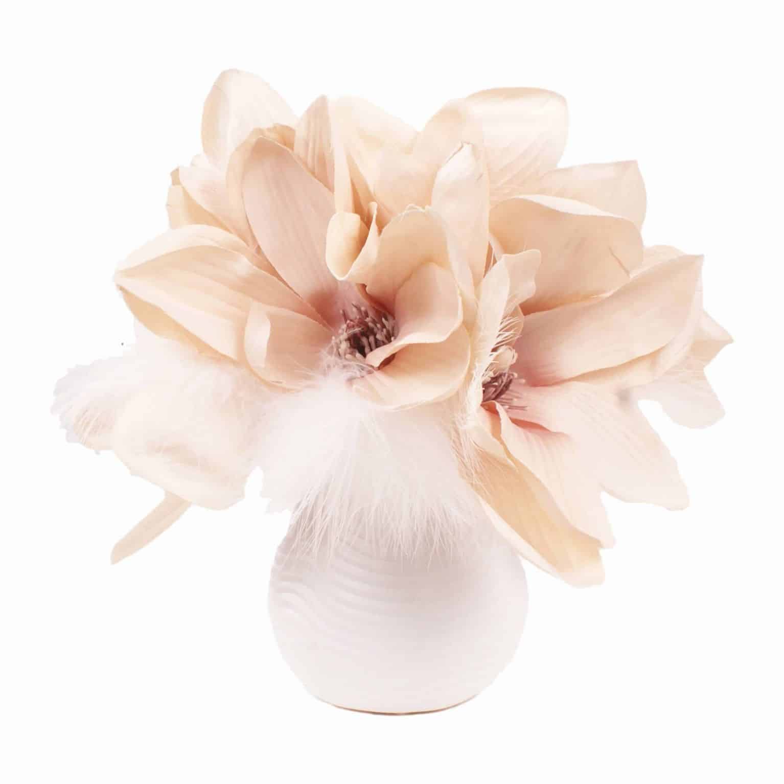 Shop for simplicity and splendour of silk flower Champagne magnolia heads with detailed lifelike pollen and a touch of artificial feathers.