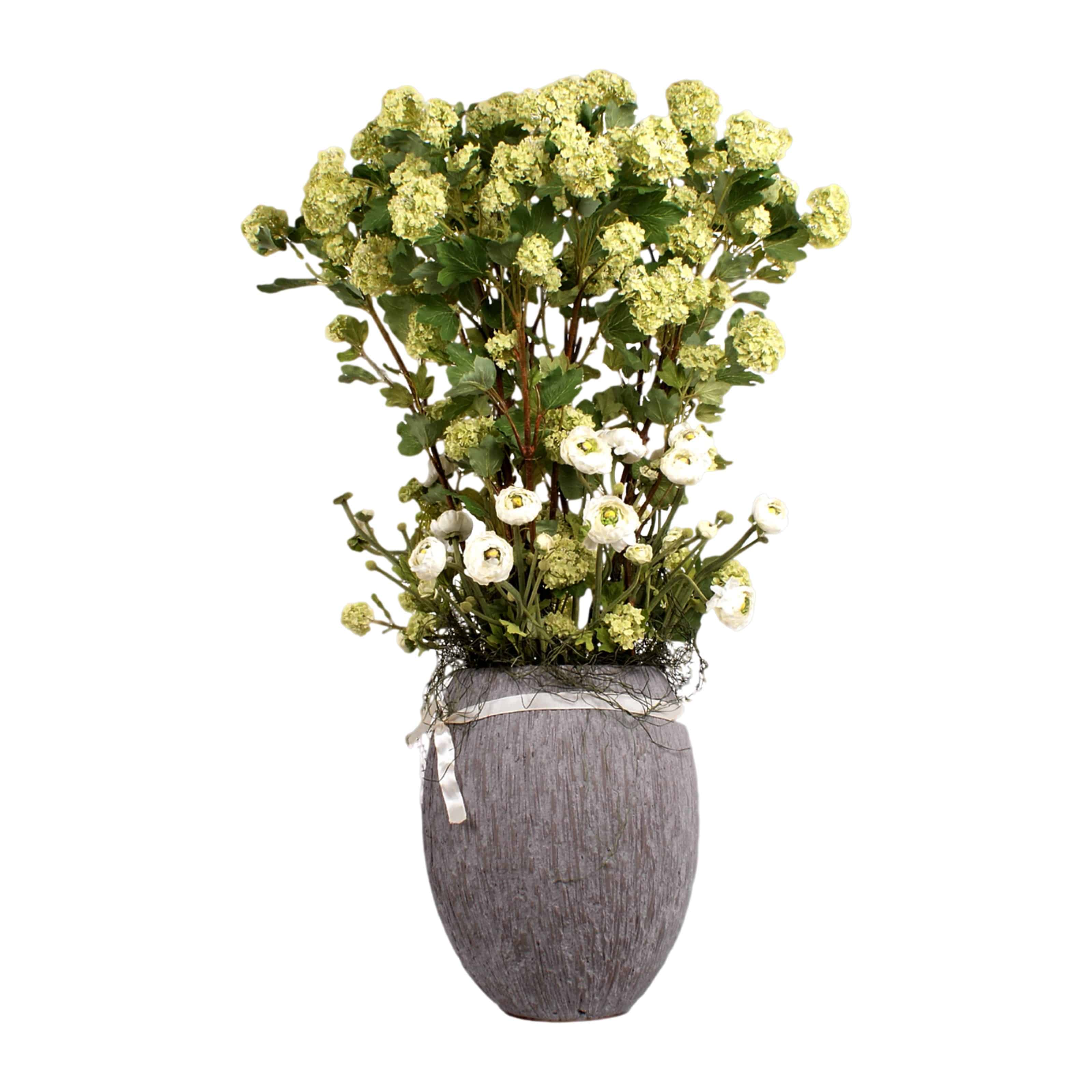 Buy our refreshing soft green flowering silk guelder rose arrangement with ranunculus silk flowers and natural looking pollen