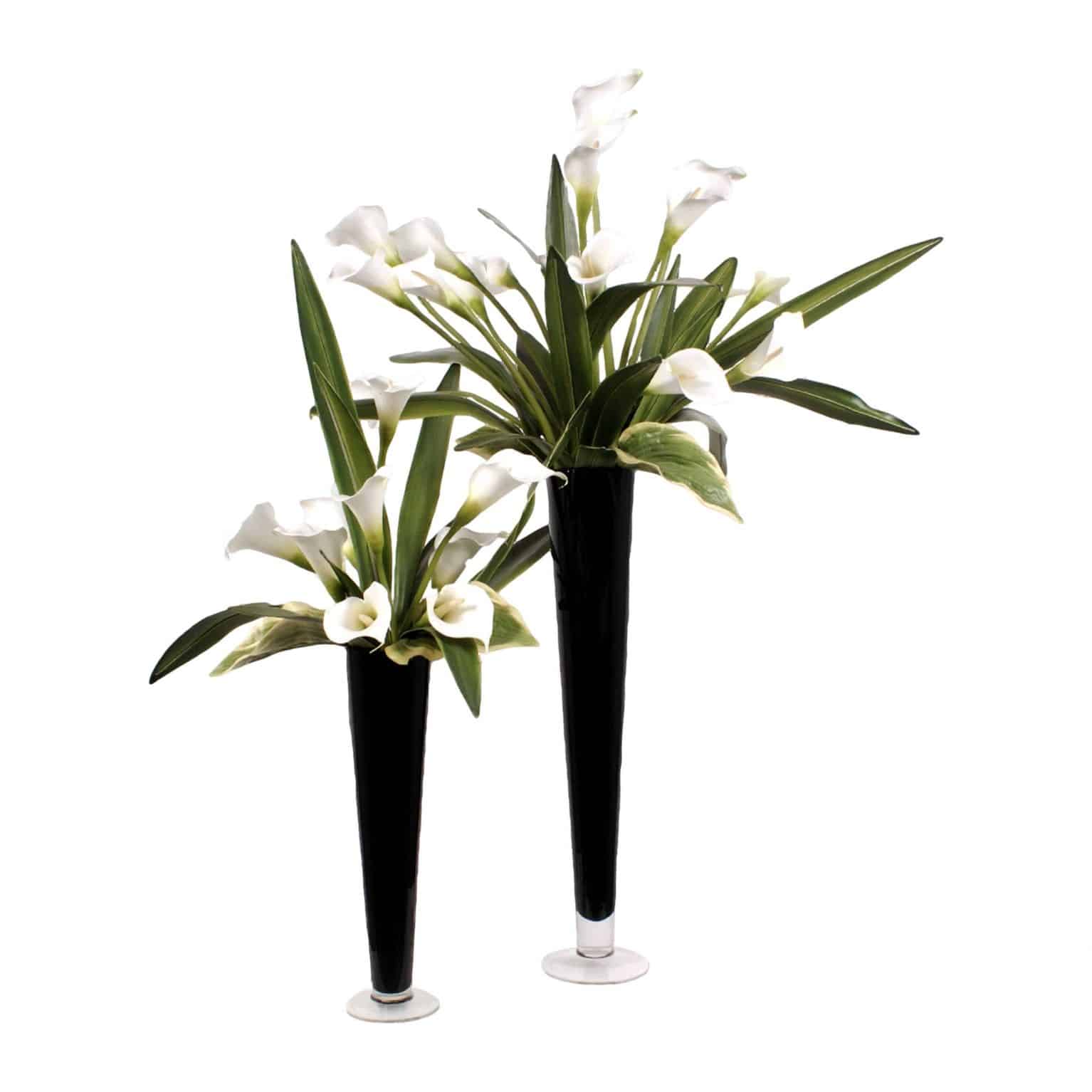 Buy our pair of flawless faux classic white lilies in tall black vases. Natural looking