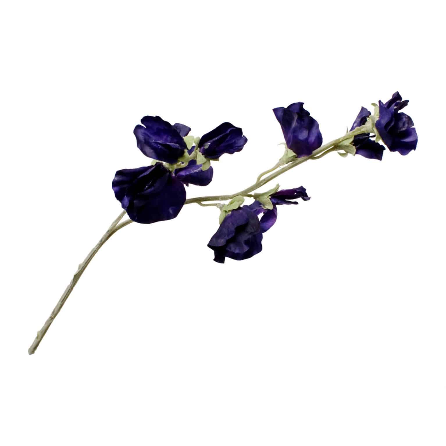 Buy dark purple faux sweet pea flowers in lifelike detail. A wonderful filler to any arrangement. The natural delicate petals add touches of colour.