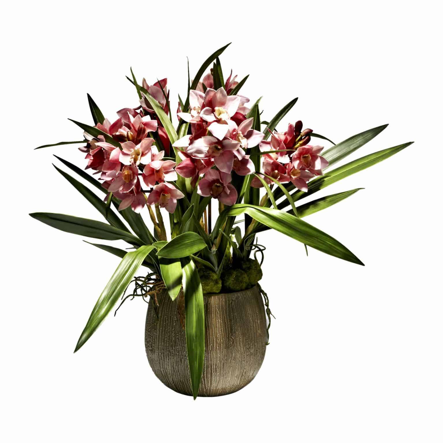 Buy our popular orchid plant with large lifelike silk flowering heads in soft rich pink tones. Includes artificial leaves and moss stone for natural detail.